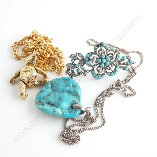 TEDDY BEAR PENDANT & TURQUOISE PENDANT & BROOCH (SOME STONES MISSING) 