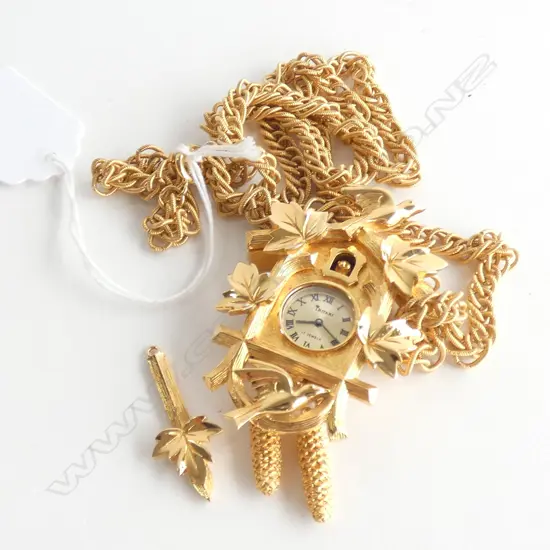 TRIFARI GOLD PLATED CUCKOO PENDANT WATCH & CHAIN 