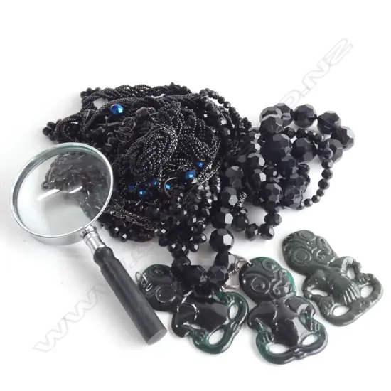 ASST. BLACK COSTUME JEWELLERY + MAGNIFYING GLASS