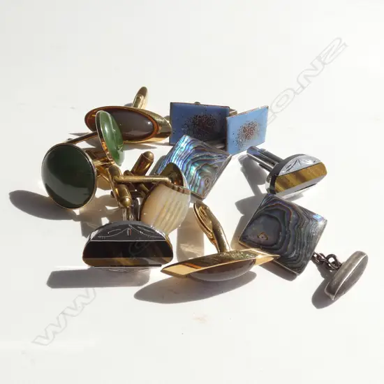 6 PRS CUFFLINKS; PAUA & STG, TIGERS EYE, MOP, GREENSTONE, ENAMEL ETC
