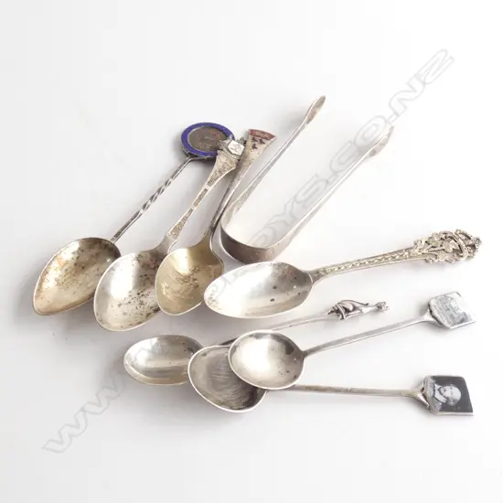 7 STG SILVER HALLMARKED SPOONS + TEA TONGS 83 GRAMS TOTAL