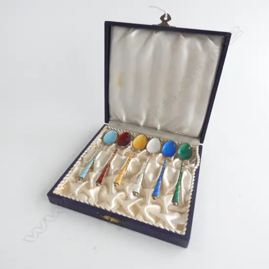 SET OF 6 MULTI COLOURED 925 DENMARK STG SILVER & ENAMEL COFFEE SPOONS, CASED...