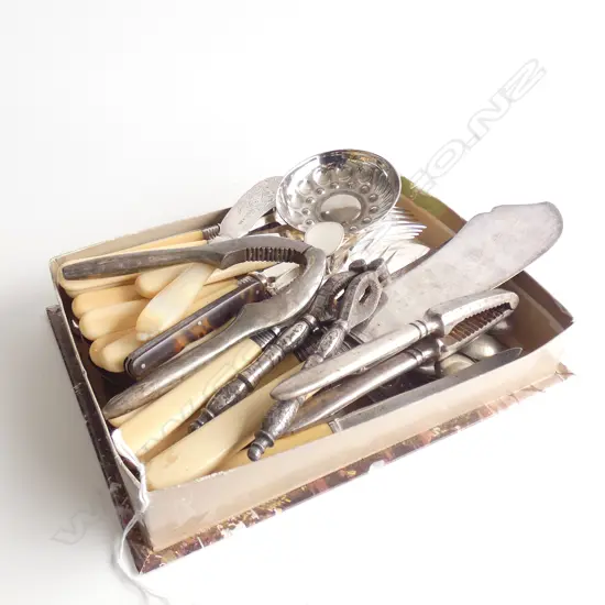 TRAY ASST. EP TEAPOONS, WINE TASTER, STG FISH KNIFE, FISH SET, 3 NUTCRACKERS ETC