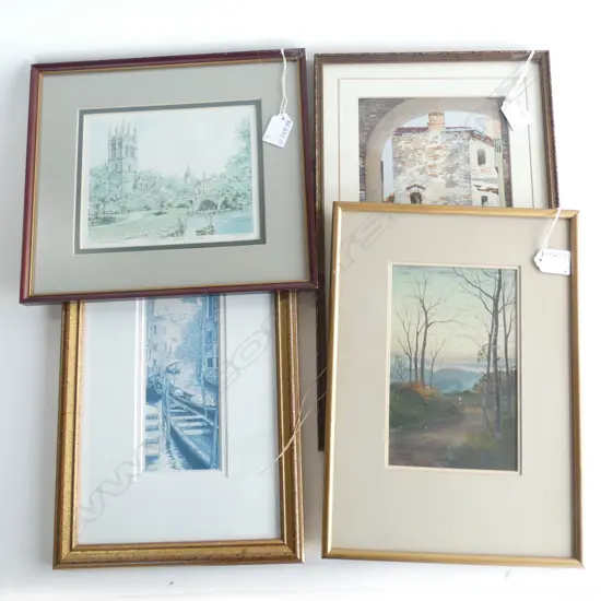 4 ARTWORKS; SIGNED W/C BRICK HOUSE 315x160mm, PAINTED LANDSCAPE, 2 PRINTS