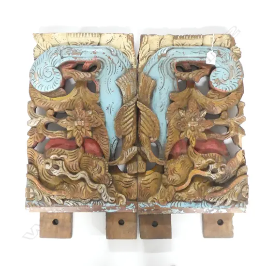 PR OLD INDONESIAN WOODEN CARVED & PAINTED FURNITURE PANELS 280 X 560MM