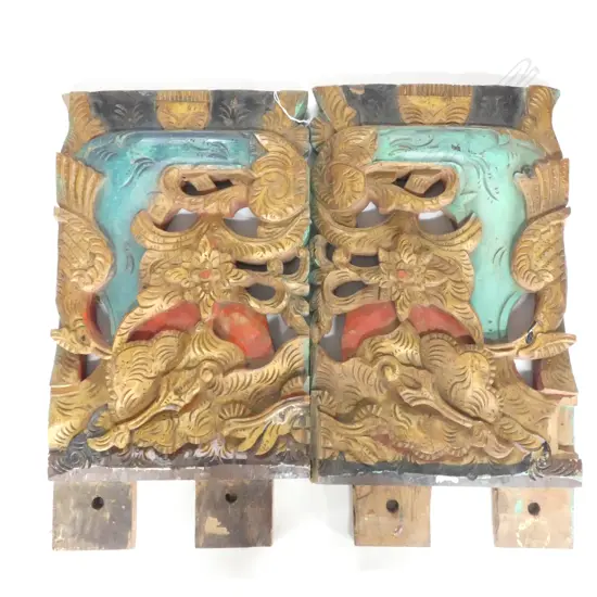 PR OLD INDONESIAN WOODEN CARVED & PAINTED FURNITURE PANELS  310 X 600MM