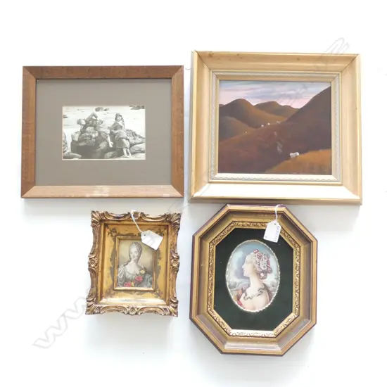 4 ARTWORKS; BEV TAYLOR 'SUMMER SUNSET NORTHLAND II' OIL ON BOARD 170x195mm, GIRLS ON BEACH C.1880, 2 HAND PAINTED LADIES