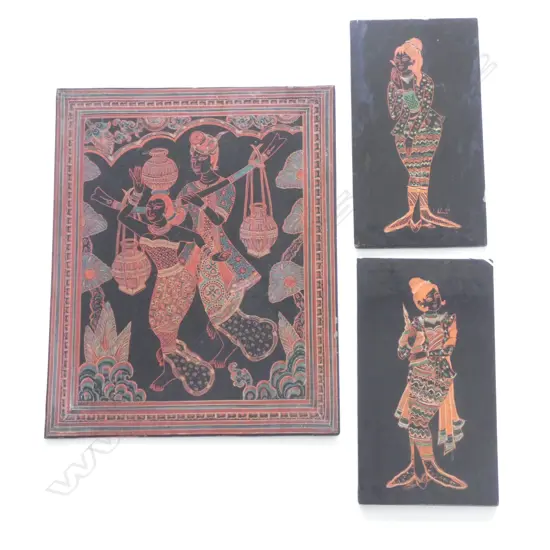 3 ORIENTAL LACQUERWARE WALL ART  -  380 X 210MM + 2 X  250 X 145MM