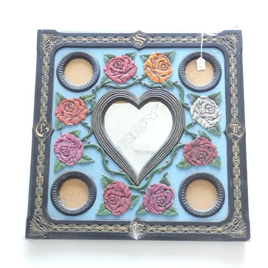 CARVED NZ ARTS & CRAFTS FRAME WITH HEART MIRROR & PHOTO FRAMES. PAINTED & ENGRAVED - SG 11 NZ - 600MM SQ