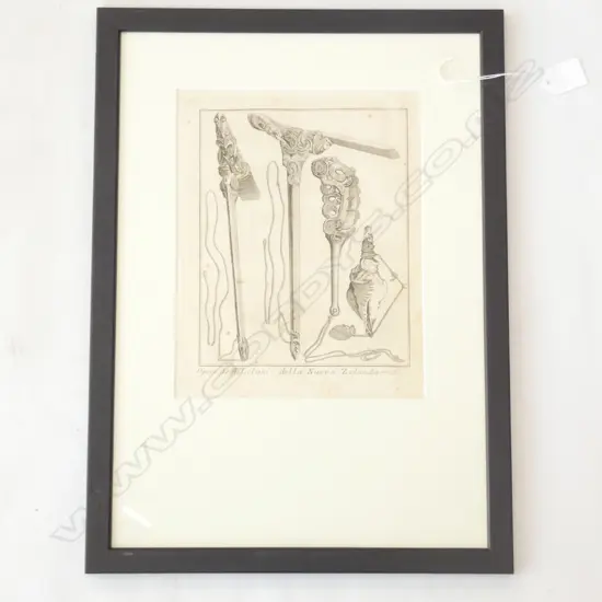 ANTIQUE MAORI TOOLS ENGRAVING - COOKS VOYAGES C. 1790 W. 195 X H. 250MM