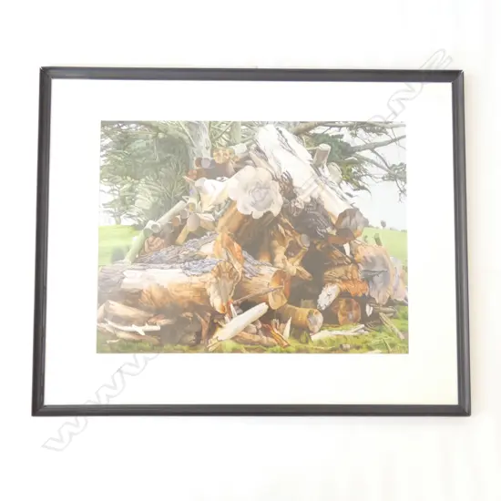 DICK FRIZZELL 'PILE OF STUMPS' FRAMED PRINT. PRINT SIZE W. 560 X H. 420MM