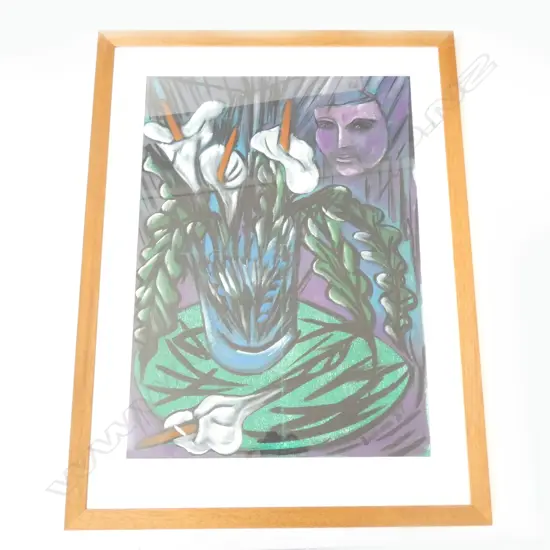 DEAN BUCHANAN - OIL ON PAPER UNTITLED (STILL LIFE W/ MASK & LILLIES' SGD & DATED 1987. WORK SIZE W. 605 X H. 840MM 