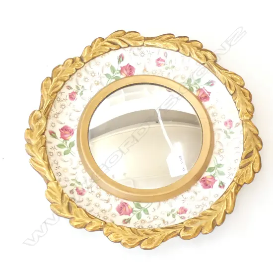 CIRCULAR CONVEX MIRROR WITH BRASS AND PORCELAIN FRAME - BRITISH ANCHOR STAFFORDSHIRE MADE