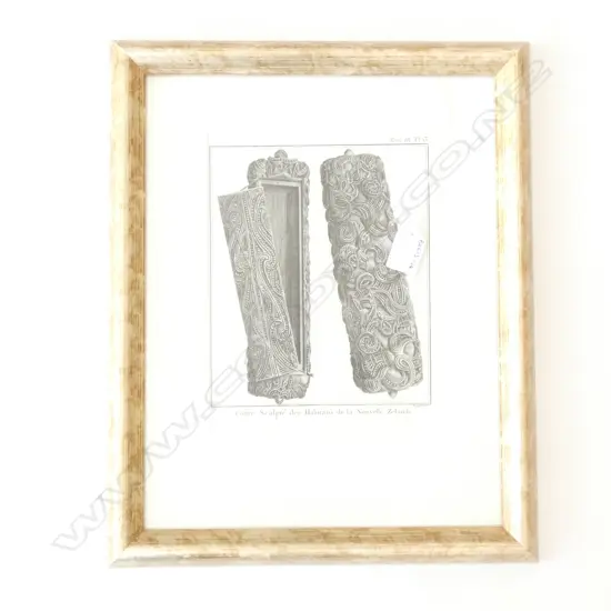 18th C. Waka Huia copperplate engraving from the French edition of Cook's Voyages - 'Coffre Sculpté des Habitans de la Nouvelle Zélande'. [A chest of New Zealand