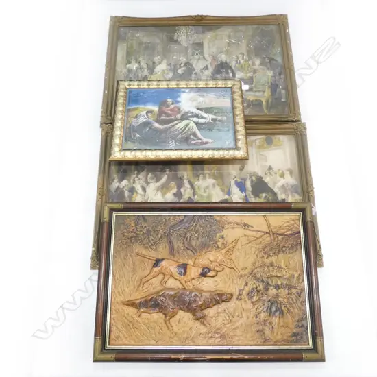 4 ARTWORKS; RUSSELL BLACK PRINT, LEATHER HUNTING DOGS SCENE, PR FRENCH 18thC STYLE COURT PRINTS 495x750mm