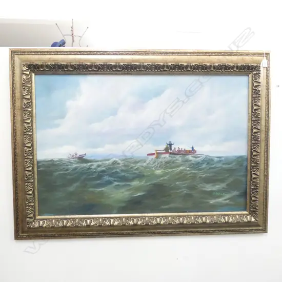 J. LEWELL OIL PAINTING EUROPEANS SPOTTING MAORI CANOE 590x905mm