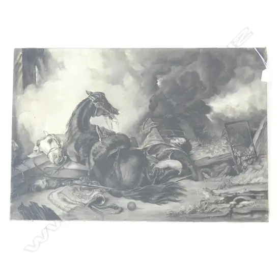 BLACK & WHITE BATTLE SCENE SIGNED 'E.M.H. 1895' OIL ON BOARD AF 485x710mm
