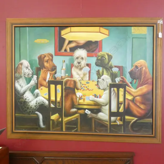 OIL PANTING DOGS PLAYING POLKER UNSIGNED L 1010 MM