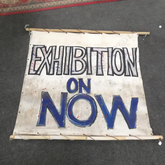 LARGE PAINTED CANVAS BANNER 'ART WITH ATTITUDE' & 'EXHIBITION ON NOW' 1400x1500mm