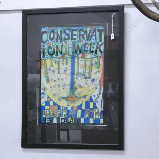 FRAMED HUNDERTWASSER CONSERVATION WEEK 1974 FOIL INSET ORIGINAL POSTER 580x420mm