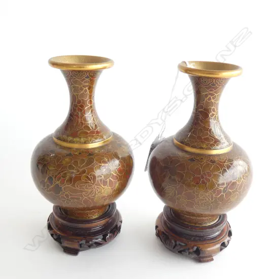 PR CLOISONNE VASES WITH WOODEN STANDS H. 155MM