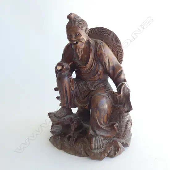 OLD CHINESE ROSEWOOD CARVED FIGURE OF A FISHERMAN. POLE ABSENT. H.210mm