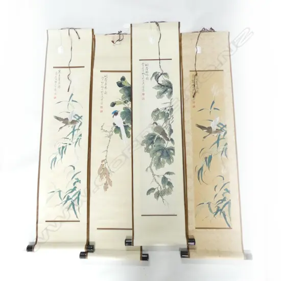 4 ORIENTAL SCROLLS; DUCK FLYING, DUCK SITTING, BLUE CRESTED BIRD, 2 CRANES & BAMBOO 700x150mm
