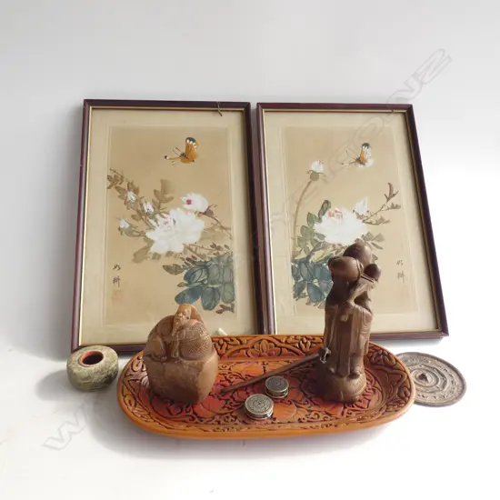 2 ORIENTAL ARTWORKS, CINNABAR STYLE DISH, CARVED SOAPSTONE & WOODEN FIGURE, INK STONE ETC
