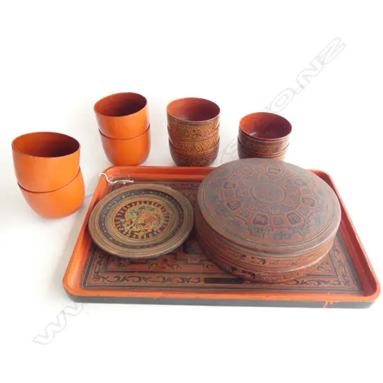 LACQUERWARE; TRAY (L 445MM) FOOD COMPARTMENT CONTAINER DIA.230MM SM PLATE & 9 SM BOWLS  ...