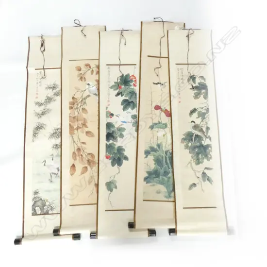 5 ORIENTAL SCROLLS; POPPIES & BIRD, SITTING DUCK, 2 CRANES & BAMBOO, WHITE BIRD, 2 BLUE CRESTED BIRDS 700x150mm