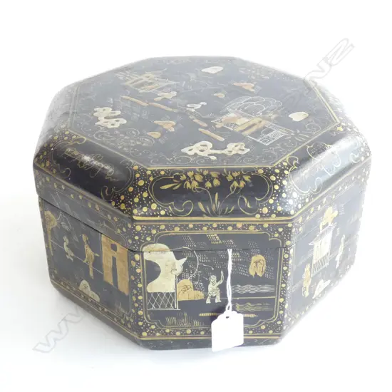 ORIENTAL PAPIER MACHE OCTAGONAL LIDDED CONTAINER 250mm dia