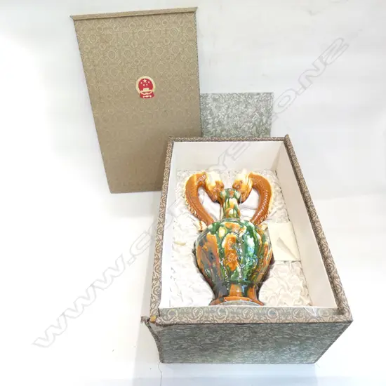 LG BOXED ORIENTAL VASE SANCAI GLAZE w. DRAGON HEAD HANDLES...