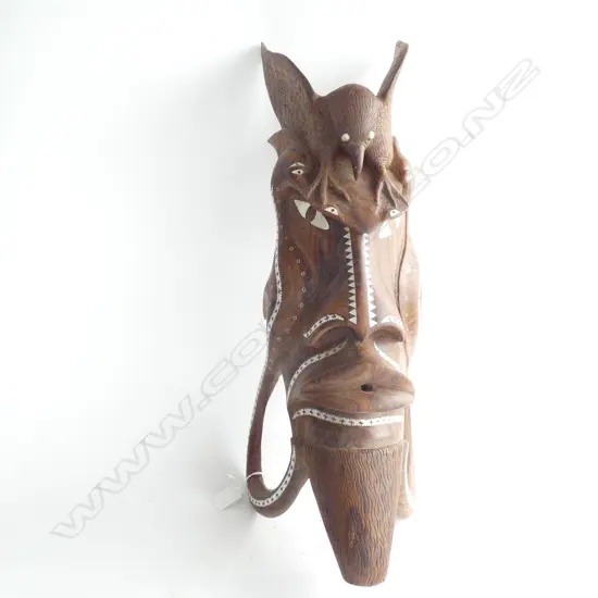 SOLOMAN ISLANDS CARVED MASK WITH BIRD ON TOP - INLAID DETAILING - WALL HANGING H. 590MM