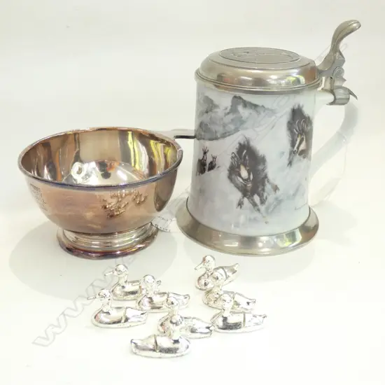 SILVER PLATE 3/4 PINT CUP / 8 DUCK PLACE CARD HOLDERS + KAISER TANKARD