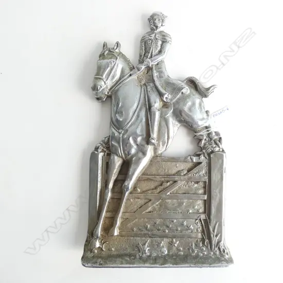 HEAVY SILVER PLATE HORSE & RIDER PLAQUE H 360MM