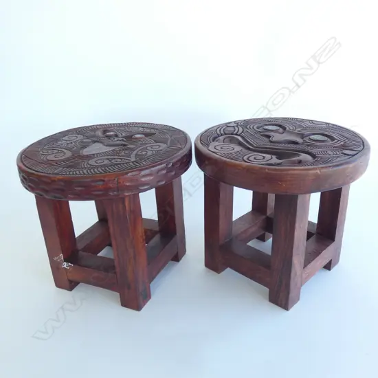PR CARVED WOODEN MAORI STOOLS H.235mm