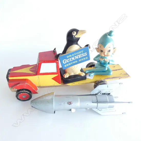 SCRATCH BUILT YELLOW & RED WOODEN TRUCK L.435mm, PLASTIC GUINNESS PENGUIN, CERAMIC BLUE ALIEN, ASTRO MFG. DETROIT ROCKET