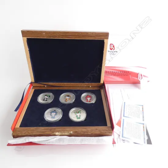 BEIJING 2008 OLYMPICS COMMEMORATIVE SET OF 5 MASCOTS MEDALS, CASED & BOXED