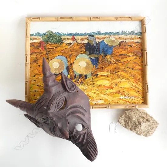 OIL PAINTING / CARVED WOODEN DEMON WALL MASK (H 225MM) + FOSSILISED ROCK IMPRESSED WITH SHELL (L 145MM)