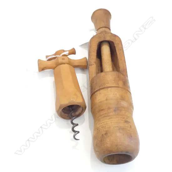 WOODEN HANDLED CORKSCREW &  NUTCRACKER (?)