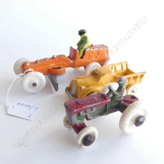 3 FUN HO MODELS; RED TRACTER, ORANGE GRADER L.155mm & YELLOW TRUCK
