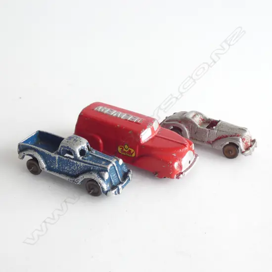3 FUN HO VEHICLES, CAR, FLAT DECK TRUCK & RED DELIVERY TRUCK