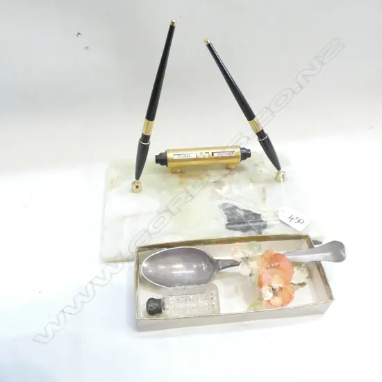 ONYX DESK SET, ANTIQUE PEWTER SPOON, CRYSTAL BOTTLE & SHELL FLOWER