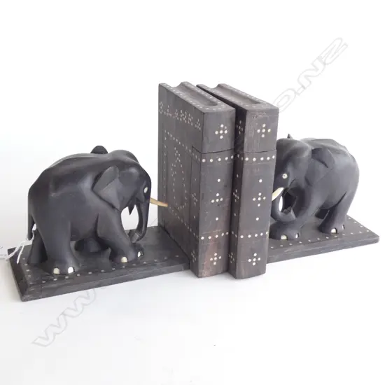PR CARVED WOODEN INLAID ELEPHANT BOOK ENDS w. SECRET COMPARTMENTS...