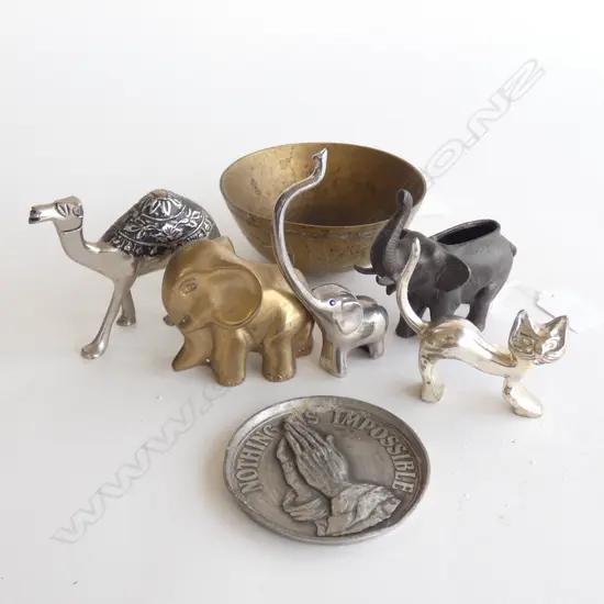 5 VINTAGE METAL ANIMALS; 3 ELEPHANTS, CAT & CAMEL + BRASS BOWL & PEWTER PLAQUE...