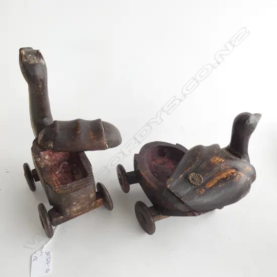 PR CARVED WOODEN  INDIAN SPICE BOXES - CAMEL & DUCK - SWIVEL TOPS & ON WHEELS C1920  L 220MM