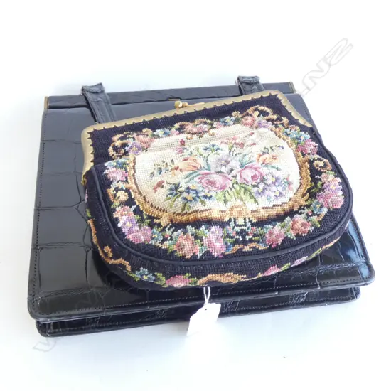 2 VINTAGE HANDBAGS; BLACK CROCODILE & PETITE POINT