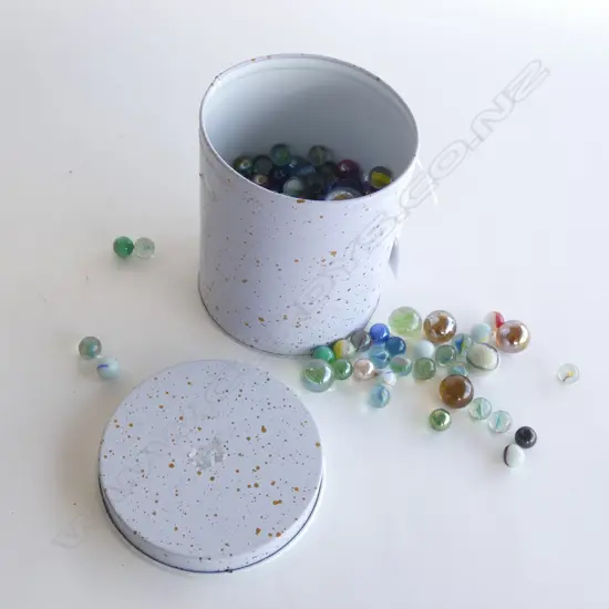 TIN OF VINTAGE GLASS MARBLES 