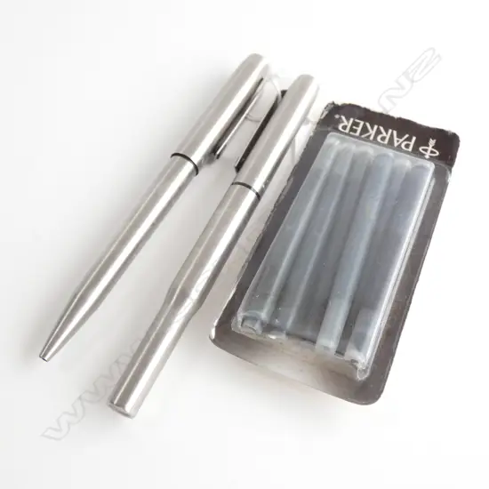 2 STAINLESS STEEL PARKER PENS; FOUNTAIN & ROLLERBALL + REFILLS