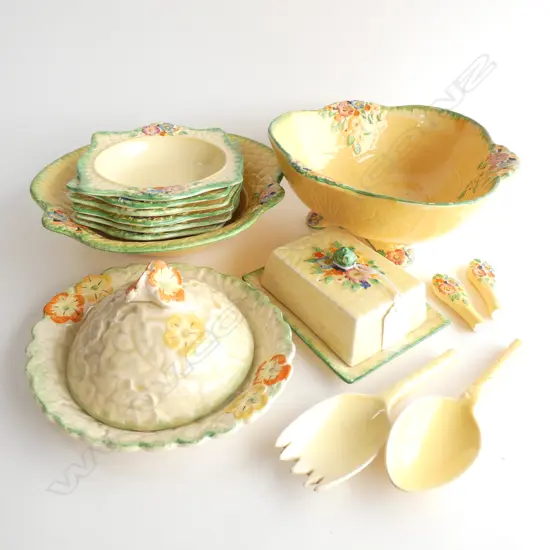 12 PCES YELLOW CROWN DEVON; 2 LARGE BOWLS, 6 SOUP BOWLS, 2 LIDDED DISHES, PR SALAD FORKS AF 